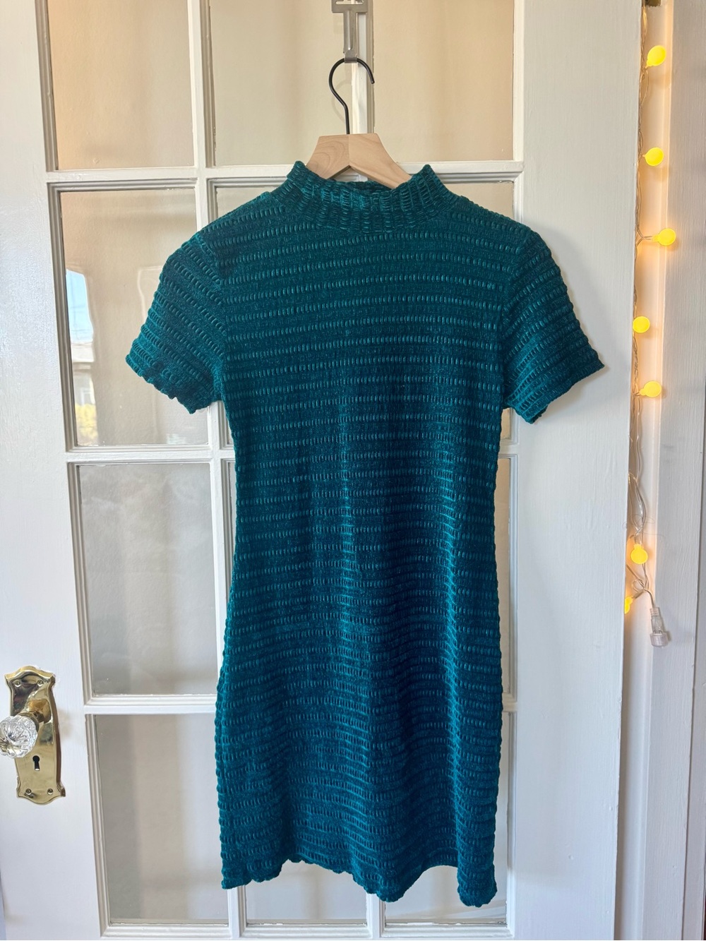 Teal Velvet Mock Neck Mini Dress with Textured Smocked Pattern and Ruffled Edges
